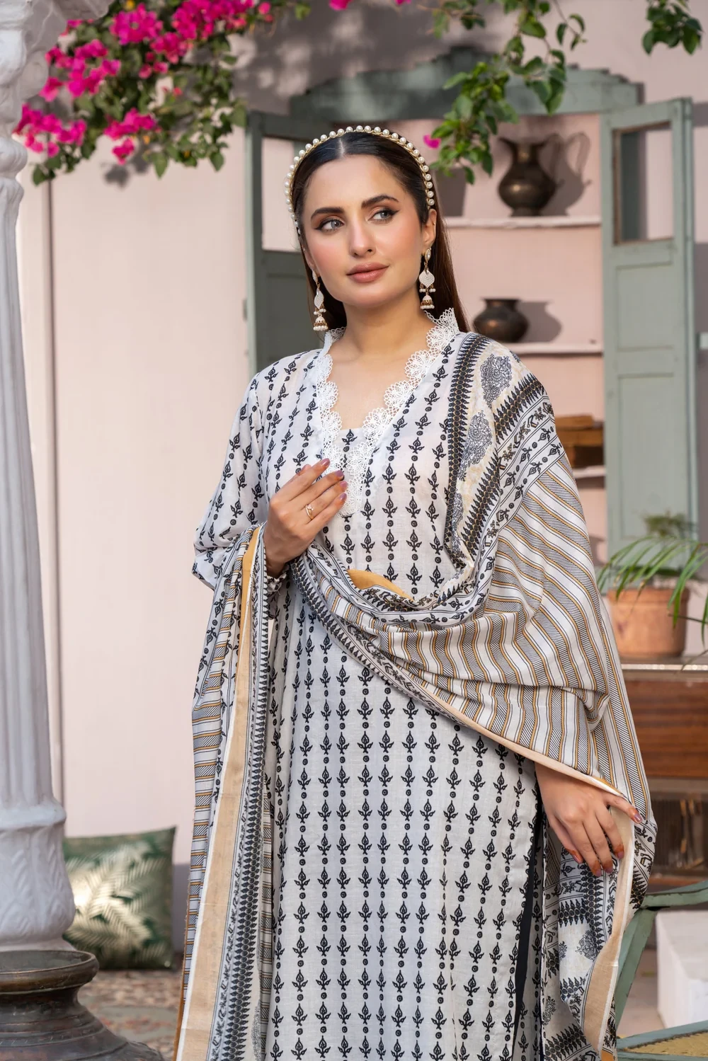 Shafaq Digital Printed Lawn Pretty Robe White- ABPR001