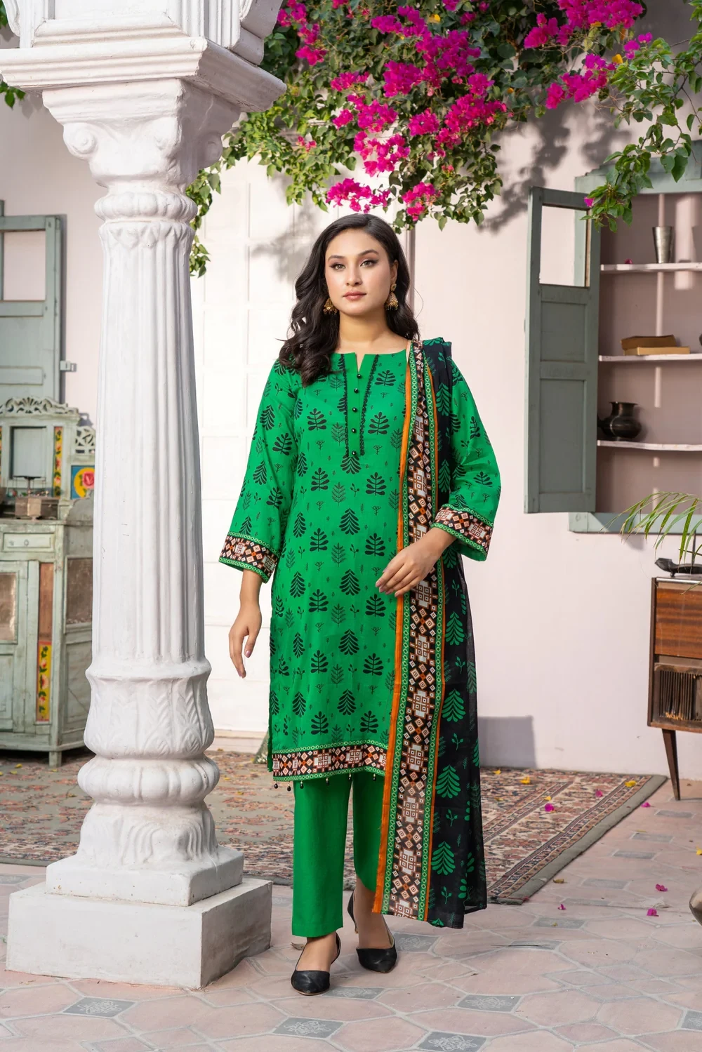 Shafaq Digital Printed Lawn Pretty Robe Green- ABPR007