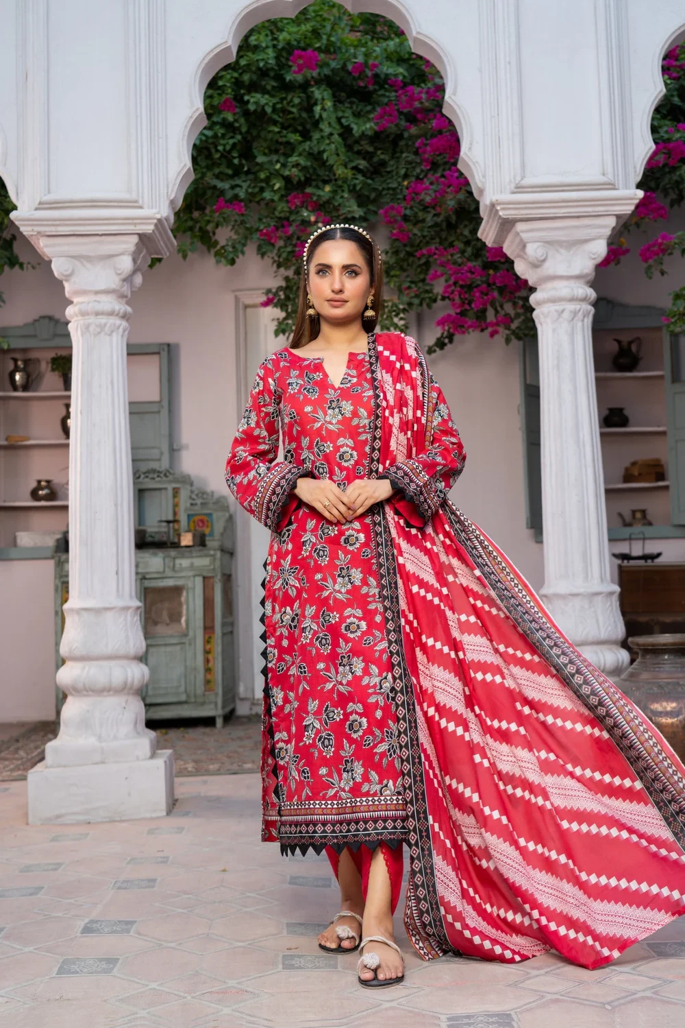 Shafaq Digital Printed Lawn Pretty Robe Red- ABPR008