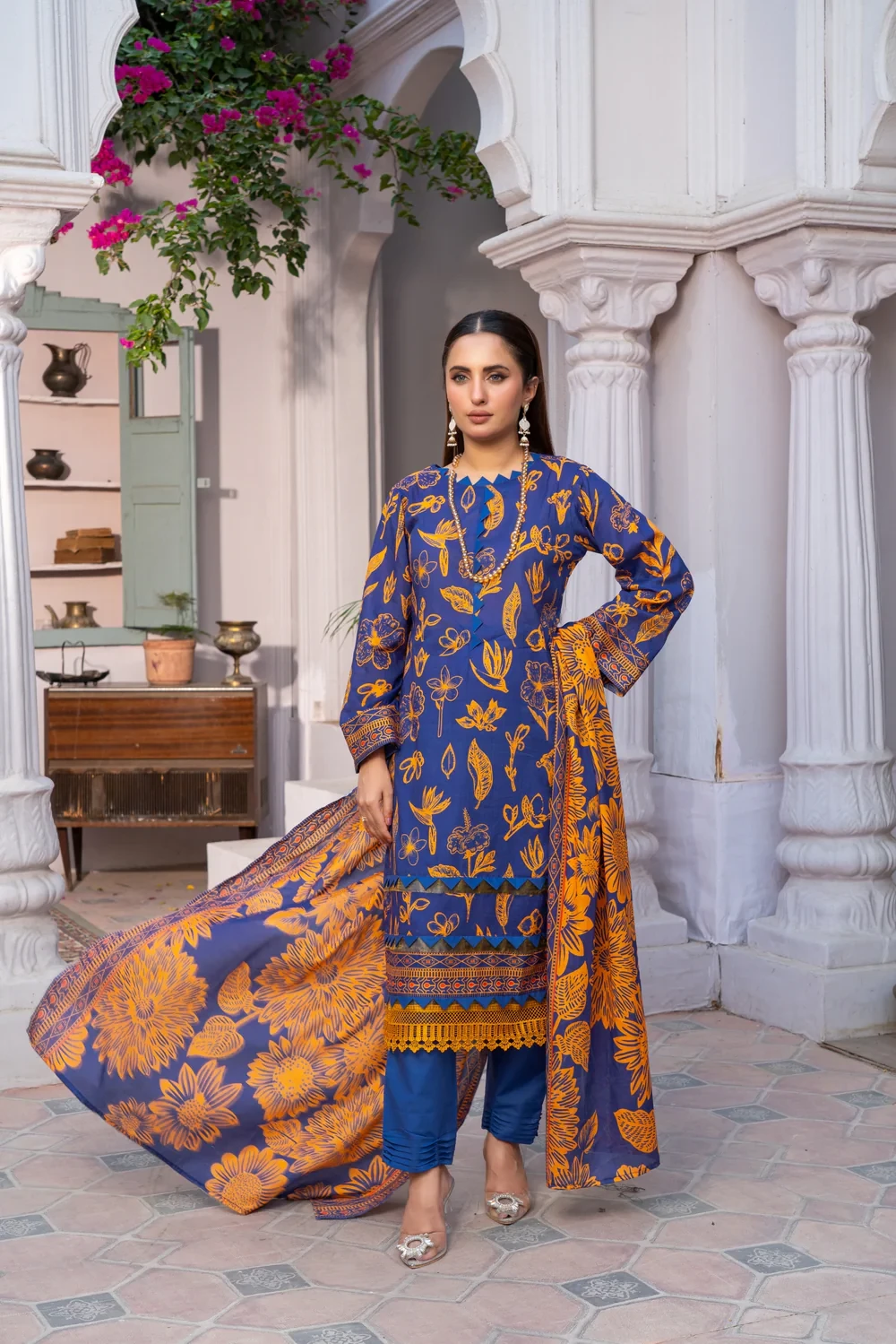 Shafaq Digital Printed Lawn Pretty Robe Blue- ABPR002