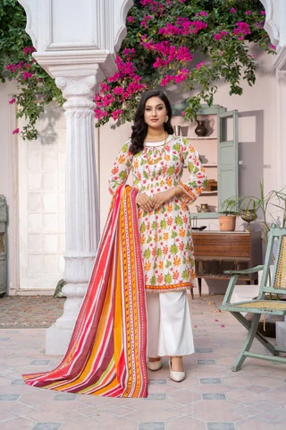 Shafaq Digital Printed Lawn Pretty Robe White- ABPR006